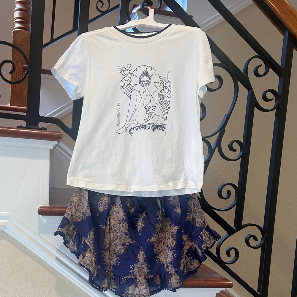 Zimmermann Girls size 4  Cream and blue matching set Graphic Tee and skirt